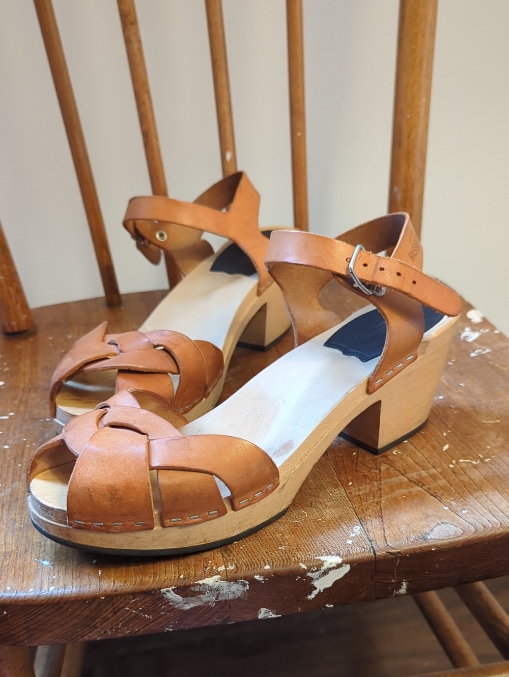 Swedish Hasbeens Tan Leather Ankle-Strap Clog Sandals